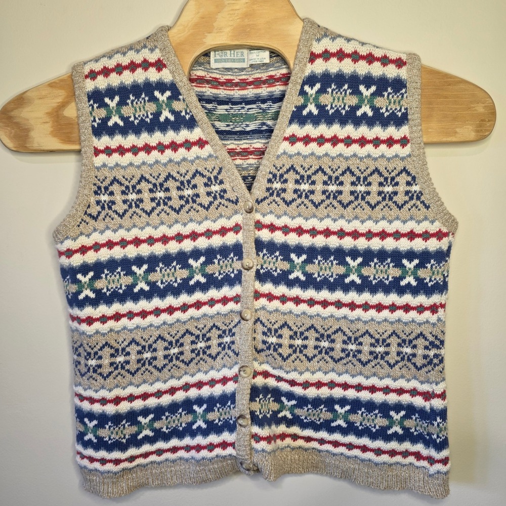 Van Heusen Sweater Vest Womens M Multi Fair Isle Cotton Knit Vintage Academic
